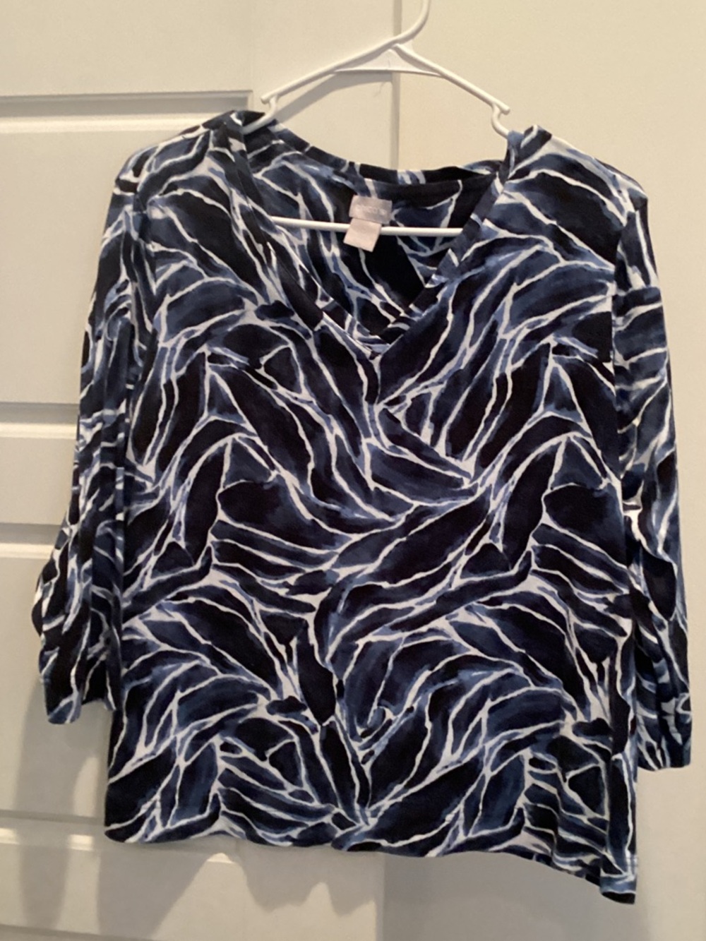 Chico's Navy and White Abstract V-Neck Long Sleeve Top